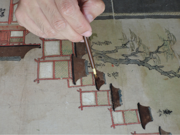 紙本著色祇園社絵図の作業の様子1